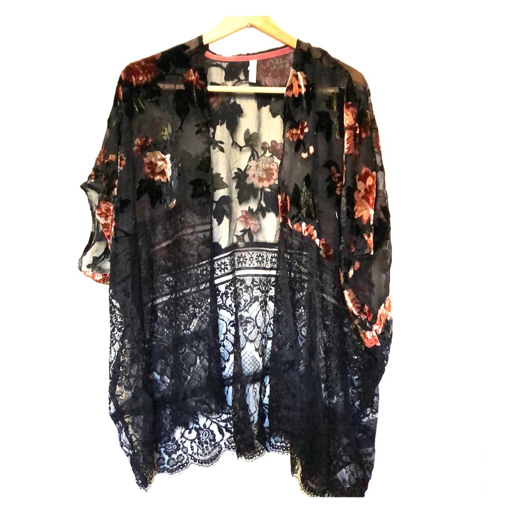 Sheer Black Kimono with Floral Burnout and Lace